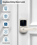 Heavy Duty Keyless Entry Keypad Door Lock With Handle Four Pack Electronic Deadbolts For Home Security Blue Backlight Touchscreen installed on a door