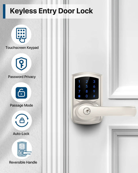 Heavy Duty Keyless Entry Keypad Door Lock With Handle Four Pack Electronic Deadbolts For Home Security Blue Backlight Touchscreen installed on a door