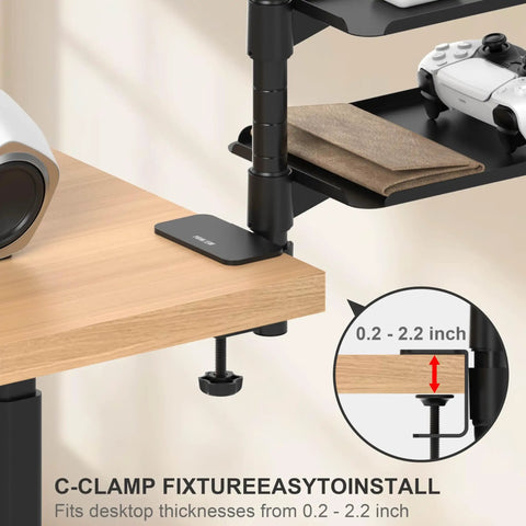 Three Tier Metal Clamp On Desk Shelf With 360 Degree Rotatable Mount attached to wooden desk corner