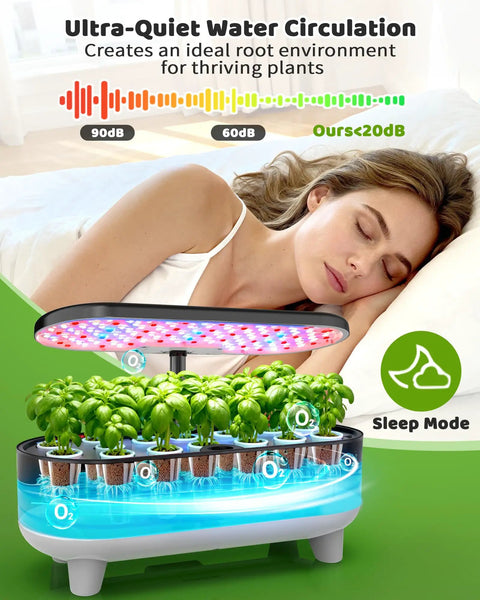 Woman sleeping near 16 Pod Vertical Hydroponics Grow System for Indoor Garden Dope Kit With LED Grow Light