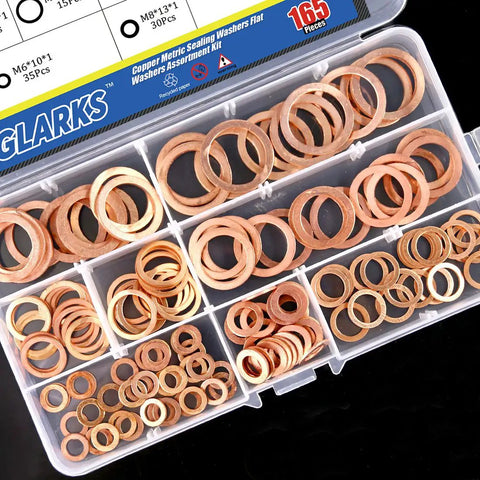 Copper Sealing Washers Set 165 Pieces Metric Flat Ring Copper Washers Assortment Eight Sizes M6 M20 in plastic case
