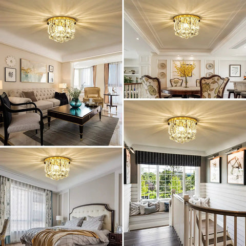 Gold Round Crystal Chandelier Ceiling Light With G9 Mount, 3 Light Pendant, Modern Glam Fixture For Living Room Dining Hallway, Sparkling Crystal Orbs And Triangle Accents, 9.85 Inch Diameter, Easy Mount, Lux Look
