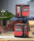 Self Leveling Cross Laser Level With Vertical And Horizontal Lines 360 Degree Rotation IP54 Waterproof For Indoor And Outdoor Picture Hanging Bright Class II Red Laser Lock Switch For Quick Alignment And Easy Setup in red and black, shown waterproof and dustproof