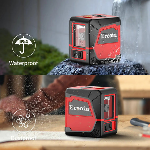 Self Leveling Cross Laser Level With Vertical And Horizontal Lines 360 Degree Rotation IP54 Waterproof For Indoor And Outdoor Picture Hanging Bright Class II Red Laser Lock Switch For Quick Alignment And Easy Setup in red and black, shown waterproof and dustproof