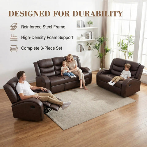 Family sitting on Comfy Leather Recliner Sofa Set 3 Piece Living Room Furniture Sectional With Manual Recliners Couch Family Room Home Theater Seating Brown Leather Loveseat Chair
