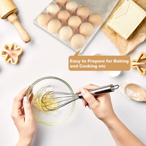 Clear Plastic Egg Cartons 50 Pack For 12 Eggs Each on kitchen counter with baking tools and whipped egg.