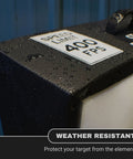 Close-up of Beast Archery And Crossbow Target Up To 400 FPS with raindrops, showing weather resistance and 400 FPS label.