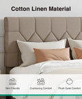 Cozy Queen Bed Frame With Upholstered Linen Headboard Heavy Duty Wood Slats Fast Ship To Your Doorstep showing cotton linen headboard and pillows.