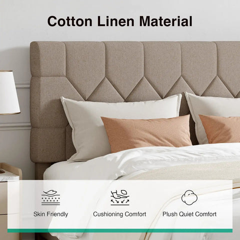 Cozy Queen Bed Frame With Upholstered Linen Headboard Heavy Duty Wood Slats Fast Ship To Your Doorstep showing cotton linen headboard and pillows.