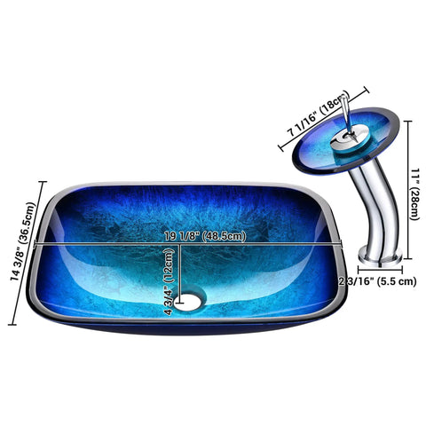 Dope Blue Ripple Tempered Glass Vessel Sink With Waterfall Faucet For Above Counter Vanity Rectangle Design Pop Up Drain