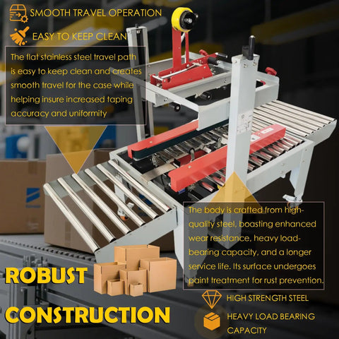 Heavy Duty Automatic Case Sealer Double Flap Box Taping Machine with stainless steel surface and robust construction details.