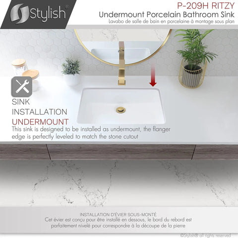 Rectangular Porcelain Undermount Bathroom Sink, 20.38 By 14.25 Inches, Sleek Shiny Finish, Stain Resistant, Chrome And Matte Black Overflow, Model P-209H in modern bathroom setup