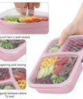 4 Pack Bento Lunch Box Set With Three Compartment Meal Prep Containers, Wheat Straw Plastic, holding light pink container