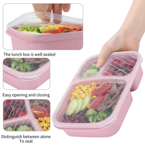 4 Pack Bento Lunch Box Set With Three Compartment Meal Prep Containers, Wheat Straw Plastic, holding light pink container