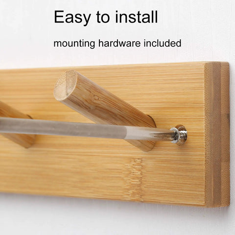 Wall Mounted Coat Rack With Five Hooks, 16 Inch Hole Spacing, Solid Bamboo Peg Rail, close-up of hardware installation, Natural Finish