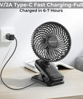 10000mAh Clip On Fan With 42 Hour Run Time Beast Mode Cooling Quiet Auto Oscillating Desk Fan charging via USB-C on desk