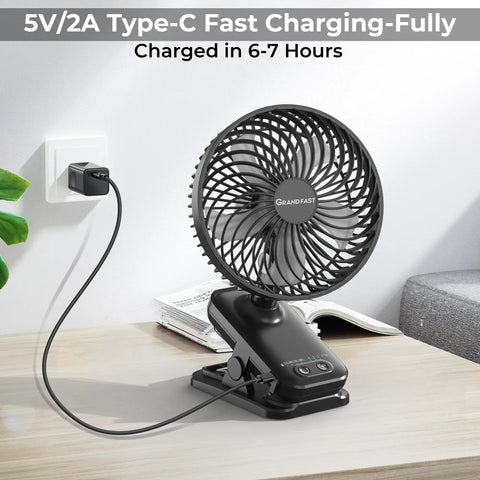 10000mAh Clip On Fan With 42 Hour Run Time Beast Mode Cooling Quiet Auto Oscillating Desk Fan charging via USB-C on desk