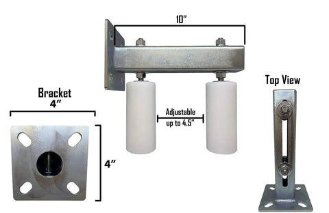 Adjustable 6 Inch White Gate Guide Rollers With Dual UHMW Nylon Bearings And Rear Post Bracket Mount For Heavy Duty Steel Sliding Gates