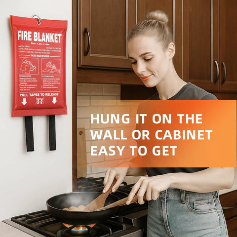 Woman cooking near hanging 4 Pack 40 By 40 Inch Fire Blankets Fiberglass CE Certified Emergency Fire Suppression