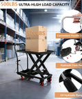 Built Tough Hydraulic Lift Table Cart, 500 Lb Scissor Platform with boxes, hydraulic foot pedal, and handle in warehouse setting.