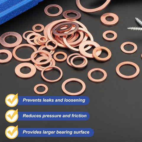 M12 Flat Washers Copper Drain Plug Gaskets Oil Crush Ring 25 Pack displayed on a black surface with various sizes showing their uses.
