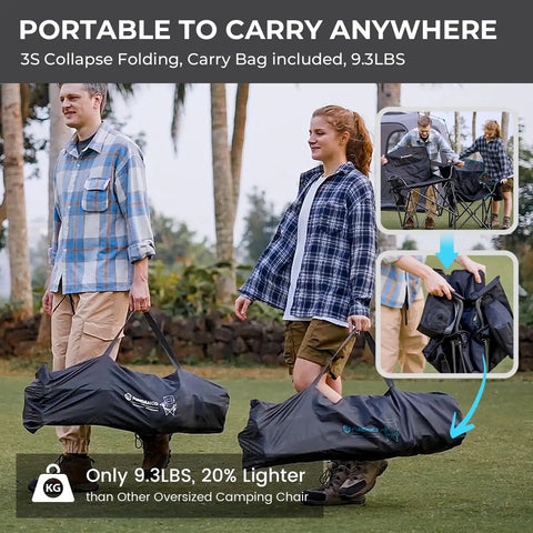 Two people carrying an Oversized Camping Chair For Adults With Padded Seat And Back Big And Tall Folks Heavy Duty Portable Foldable Lawn Chair With Lumbar Support Built In 4 Can Cooler And Cup Holder Carry Bag For Easy Outdoor Comfort, folded in a carry bag.
