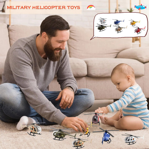 Father and baby playing with Eight Pack Diecast Helicopters Mini Model Planes With Spinning Propellers For Kids Birthday Party Favors.