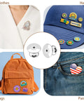 70 Pack Locking Pin Backs Metal Seals For Badges Brooches And Enamel Pins displaying on clothes, hats, bags, and pants