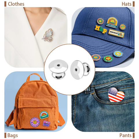 70 Pack Locking Pin Backs Metal Seals For Badges Brooches And Enamel Pins displaying on clothes, hats, bags, and pants