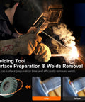 Welding with 12Pcs Pro Grade Heavy Duty Mixed Curved Flap Discs Set for weld seam cleanup, shown with before and after results.