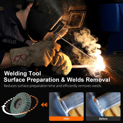 Welding with 12Pcs Pro Grade Heavy Duty Mixed Curved Flap Discs Set for weld seam cleanup, shown with before and after results.