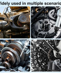 Four panels showing the Eight Piece Grease Gun Tips Kit with Needle Nozzles in use for NPT small spaces and deep holes.