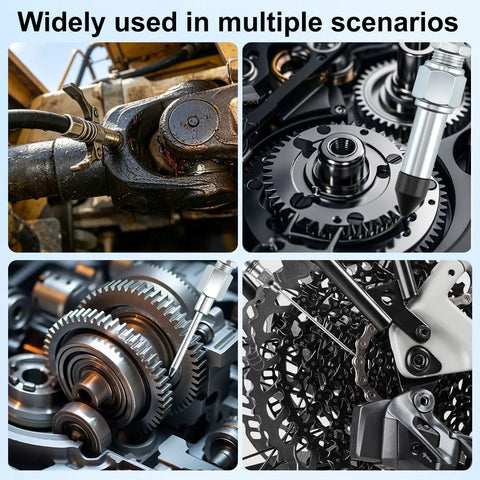 Four panels showing the Eight Piece Grease Gun Tips Kit with Needle Nozzles in use for NPT small spaces and deep holes.
