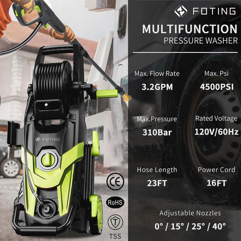 Powerful 4500 PSI Pressure Washer With 3.2 GPM And 5 Spray Modes With Quick Connect Nozzles Inlet Hose And Filter For Cars Fences Patios Driveways Siding And Outdoor Equipment displayed