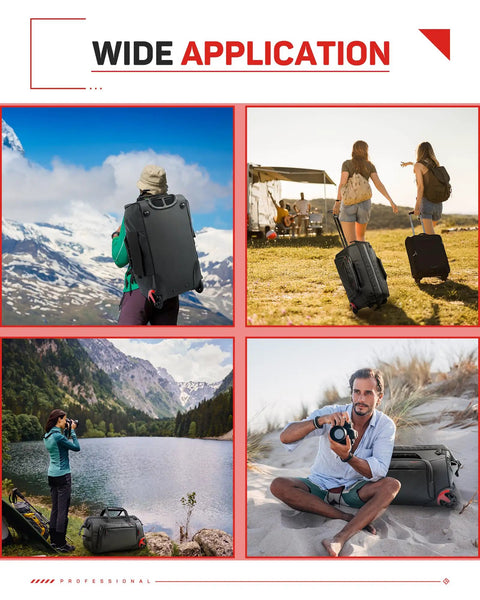 Four images of hikers and photographers with 35L Rolling Camera Bag With Side Access And Wheels Two In One Travel DSLR Backpack.