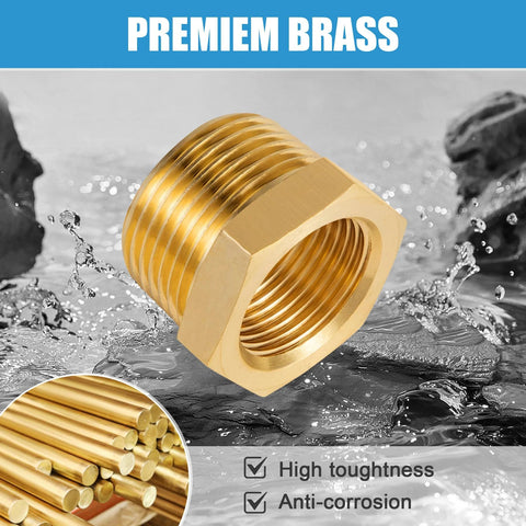 Front view of brass reducer hex bushing, 3/8 in NPT male to 1/4 in NPT female, 2-pack with Teflon tape