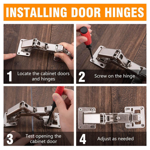 Two Pack 170 Degree Concealed Door Hinges For Corner Kitchen Cabinets, installation steps with screws and adjustment needed.