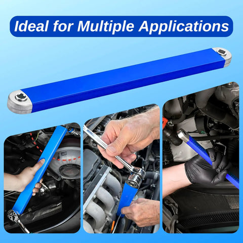 15 Inch Offset Extension Wrench Set For Tight Spaces, Impact Ready Ratchet Extension Tool with adapters in blue, shown in use
