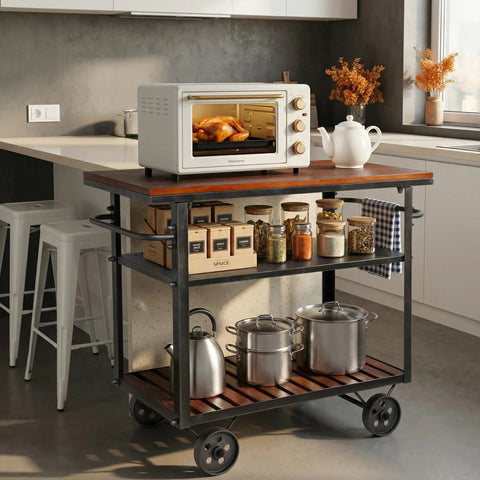 Smooth Rolling Three Tier Vintage Bar Cart On Wheels With Heavy Duty Metal And Wood Frame For Kitchen Home Office Or Weekend Hangout Setup Built Rock Solid With Dual Side Handles, featuring a steel frame with rustic wood.