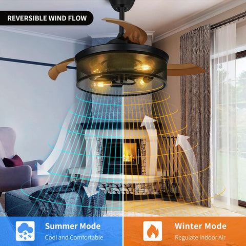 42 Inch Retractable Ceiling Fan With Lights Killer Reversible 6 Speeds Cage Industrial Farmhouse Ceiling Fan With Hidden Blades Remote Control in living room.