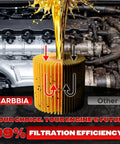 Toyota Engine Oil Filter Kit 6 Pack Top Notch Compatible, showing filter efficiency and automotive engine background.