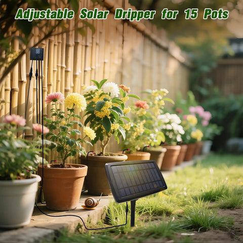 Solar Powered Drip Irrigation Kit With 12 Auto Timer Modes for outdoor gardens, watering 15 pots with solar panel