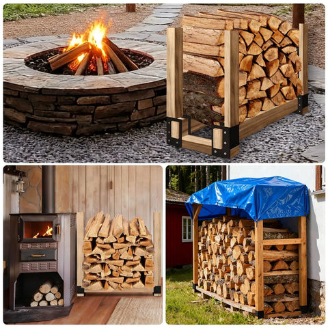 8 Pack Firewood Log Storage Rack Bracket Adjustable Beefy Heavy Duty Powder Coated Steel Holder For Fireplace Patio And Deck Rust Resistant Outdoor Wood Storage Organizer in use by a fire pit, indoors by a stove, and outdoors with a tarp.