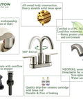 Brushed Nickel Centerset Bathroom Faucet With Drain Assembly High Arc 4 Inch Lavatory Two Handles, featuring product details