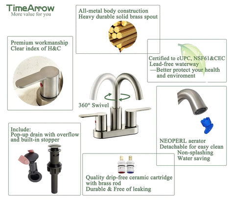 Brushed Nickel Centerset Bathroom Faucet With Drain Assembly High Arc 4 Inch Lavatory Two Handles, featuring product details