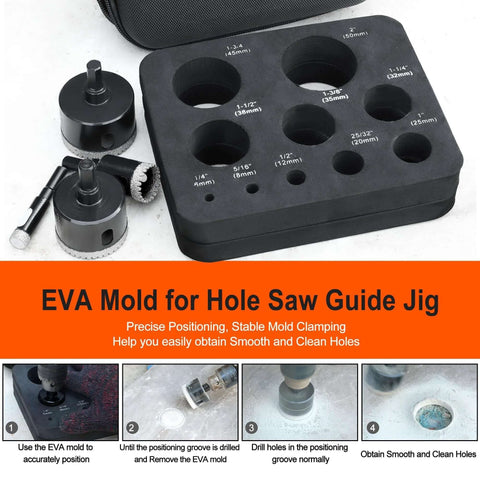 ASNOMY 10-piece diamond hole saw set with EVA mold and guide jig; front view showing sizes from 1/4" to 2" in the black tray.