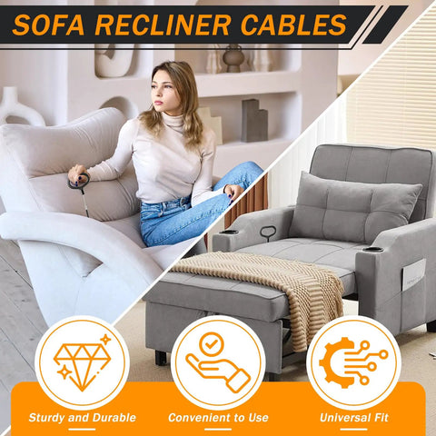 Get Your Sluggish Couch Back On Its Feet With This Two Pack Recliner Cable Replacement Set featuring D Rings in use on a sofa.