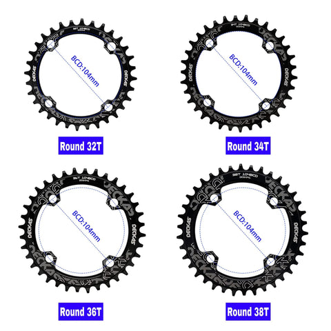 Oval Chainring 104BCD Narrow Wide 32T 34T 36T 38T For 6 7 8 9 10 11 12 Speed Chains Grippy Retention Fits Shimano Sram Cranks 7075 Aluminum Anodized Black Durable Quiet Ride displayed in 32T, 34T, 36T, and 38T sizes