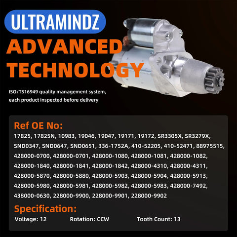 Toyota Plug And Play Starter Motor 1.6KW 13 Tooth 17825N with advanced technology label and specifications list.