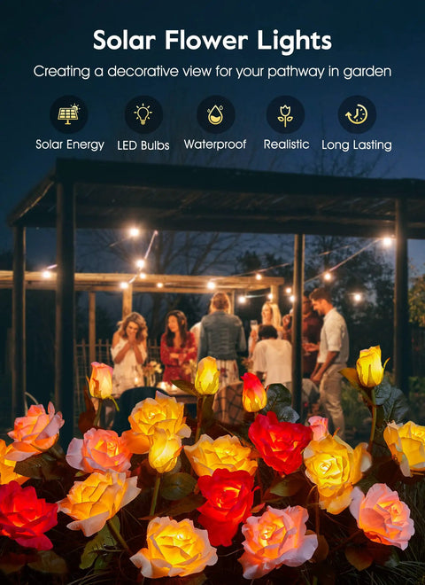 Garden party with Dope 4 Pack Solar LED Rose Lights with Realistic Blooming Roses glowing in red, pink, yellow, and champagne colors
